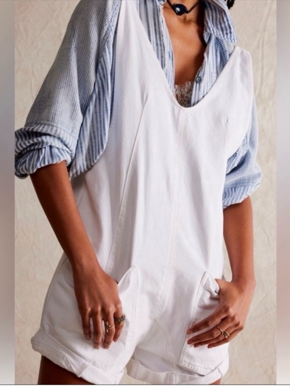 Free People White Sleeveless Romper Overalls